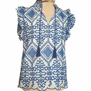 Jade Melody Tam Embroidered Blouse Blue White Scalloped Tassel Women S